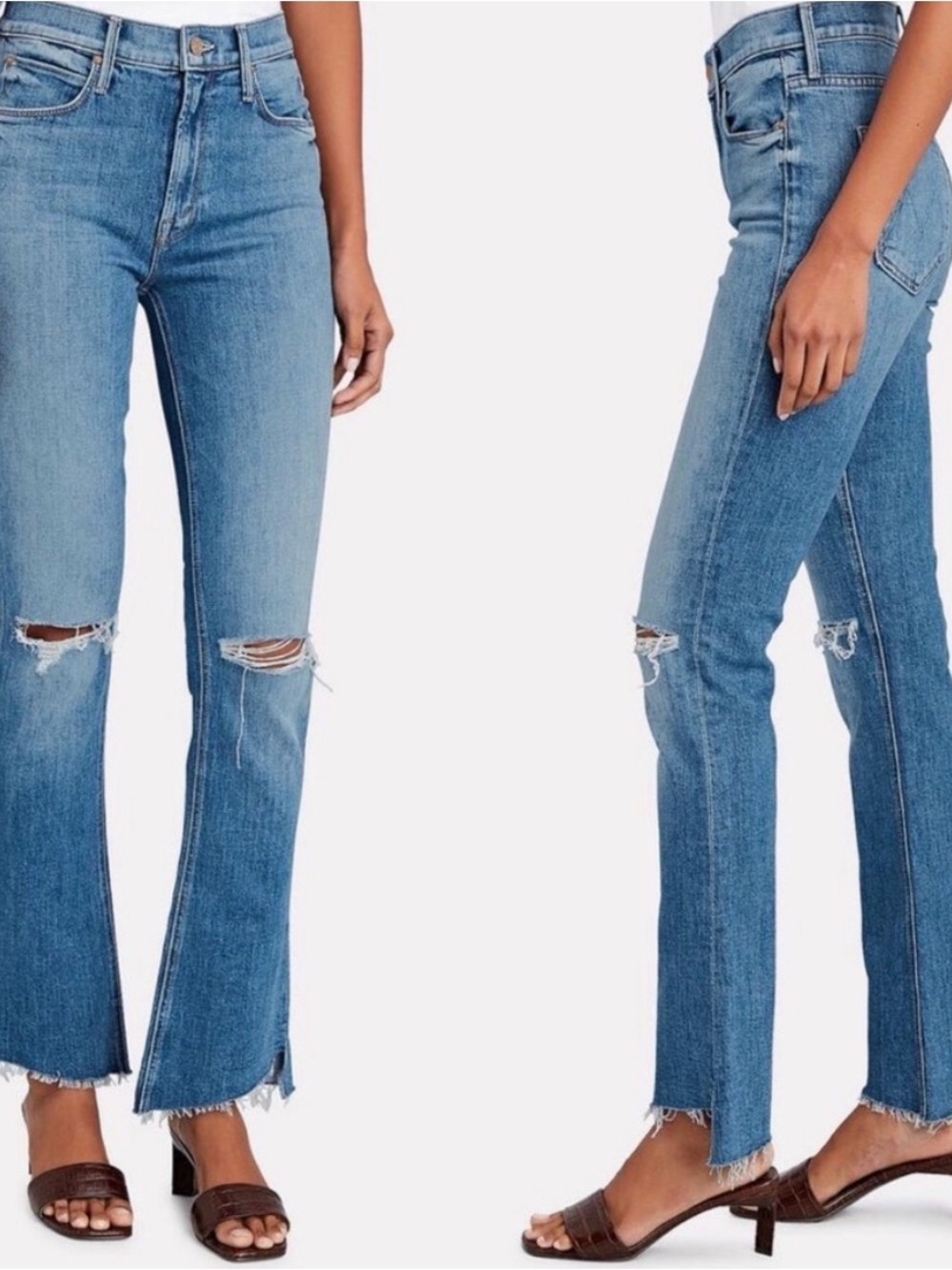MOTHER Blue Distressed Runway Fray High Rise Flare-Distressed Leg Jeans 29